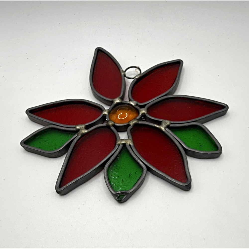 Stained Glass Poinsettia Floral Suncatcher Red Green Amber Metal 5" x 5"